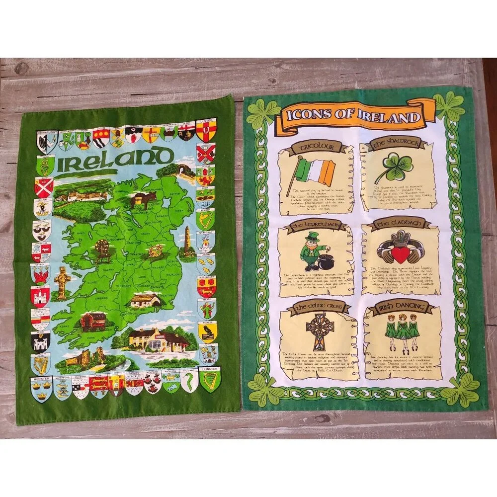 Irish Heritage Tea‎ Towels Set Of 2 With Map with Coat of Arms  & Icons Design